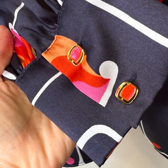 Zara | Retro Geo High Collar Mock Neck Long Sleeve Printed Charmeuse Blouse - Picture 11 of 16